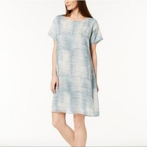 Eileen FISHER Blue-Steel Daze Print Brushstroke Bateau Silk Shift Dress